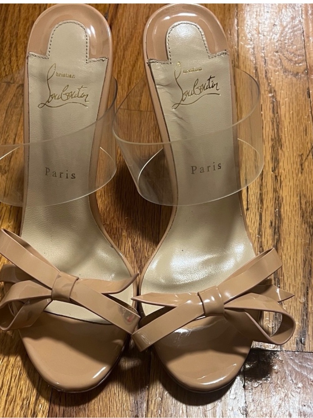 Christian Louboutin Nude Patent Bow Clear Strap Slide Heels